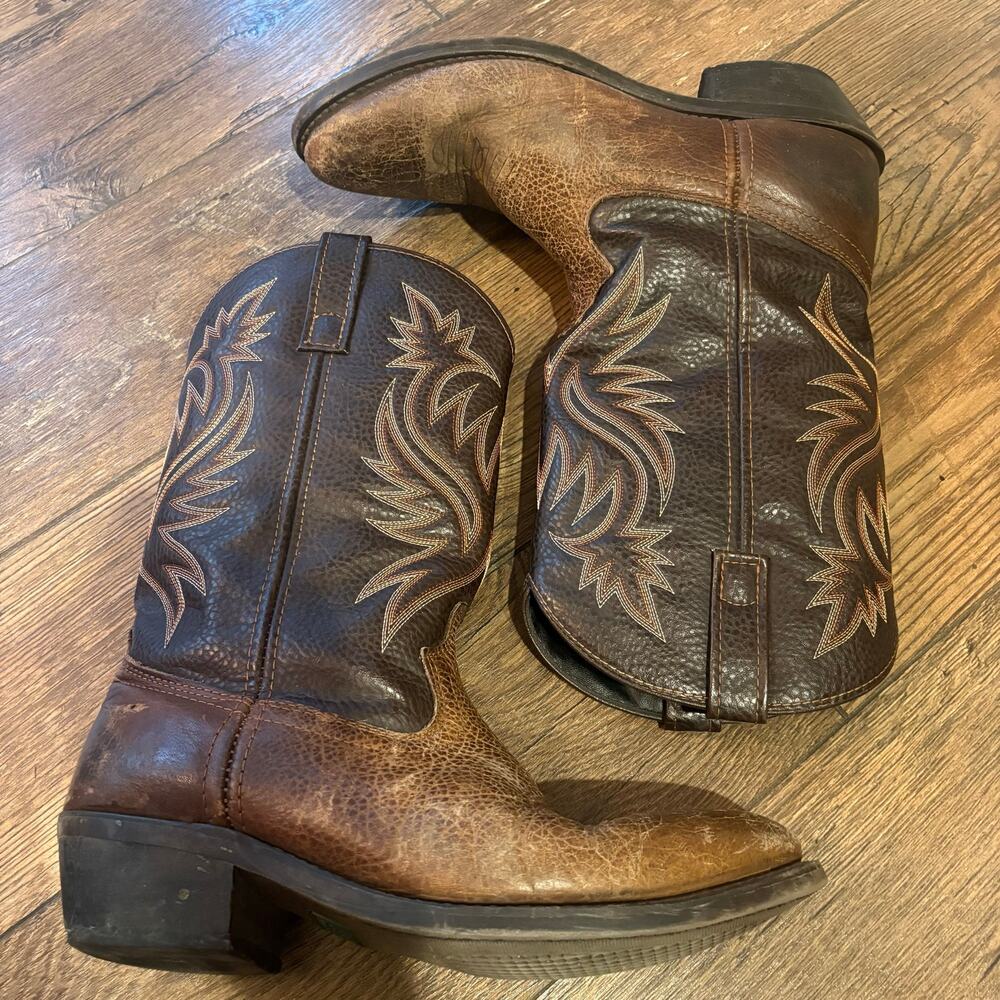 Laredo Cowboy Western Boots Brown Leather Two Tone Embroidered Mens Sz 10.5 EW